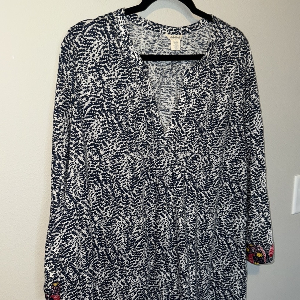 Lucky Brand Dress Tunic Womens Large Black White Paisley V Neck ¾ Sleeve EUC - Picture 2 of 10